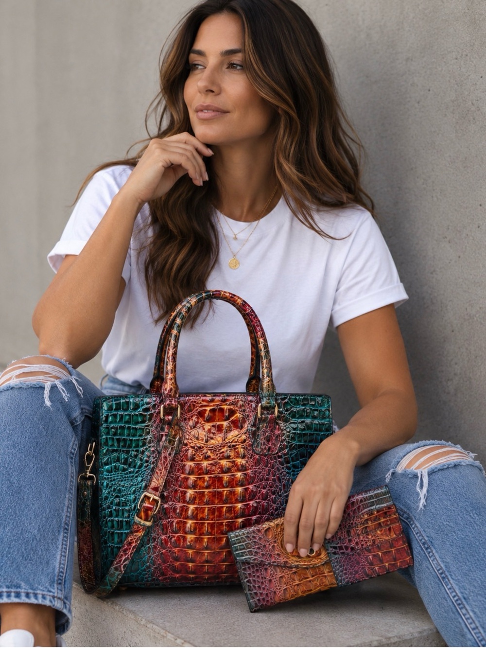 ✨NEW 3 piece Multicolor Croc-Embossed Leather Tote with Matching Wallet set